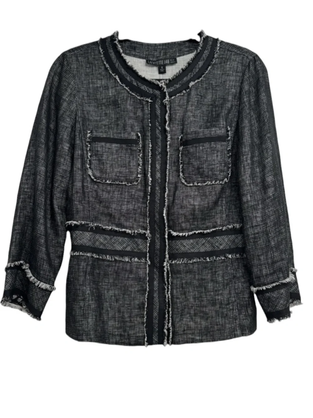 Lafayette 148 Jacket Black Collarless Fringe Linen 14 - Picture 4 of 10